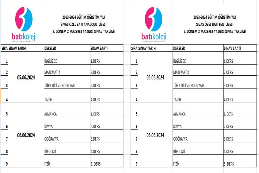 2.Dönem 2.Mazeret Yazılı Tarihleri